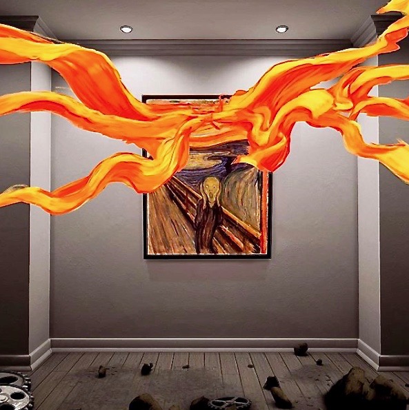 Sandra Paugams und Charles Ayats nach „The Scream“, „Der Schrei“ von Edvard Munch: Ins Gemälde hineingreifen und Farbe herausholen. Foto: Wolfgang Timpe
