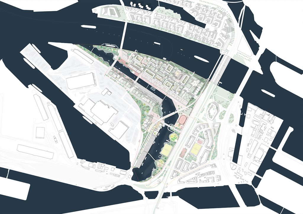 Lageplan Grasbrook mit Grünstreifen an der Norderelbe, lange Wassererlebnisfront am Moldauhafen und viele Sport und Freizeit am Saalehafen. © Mandaworks AB, Stockholm
