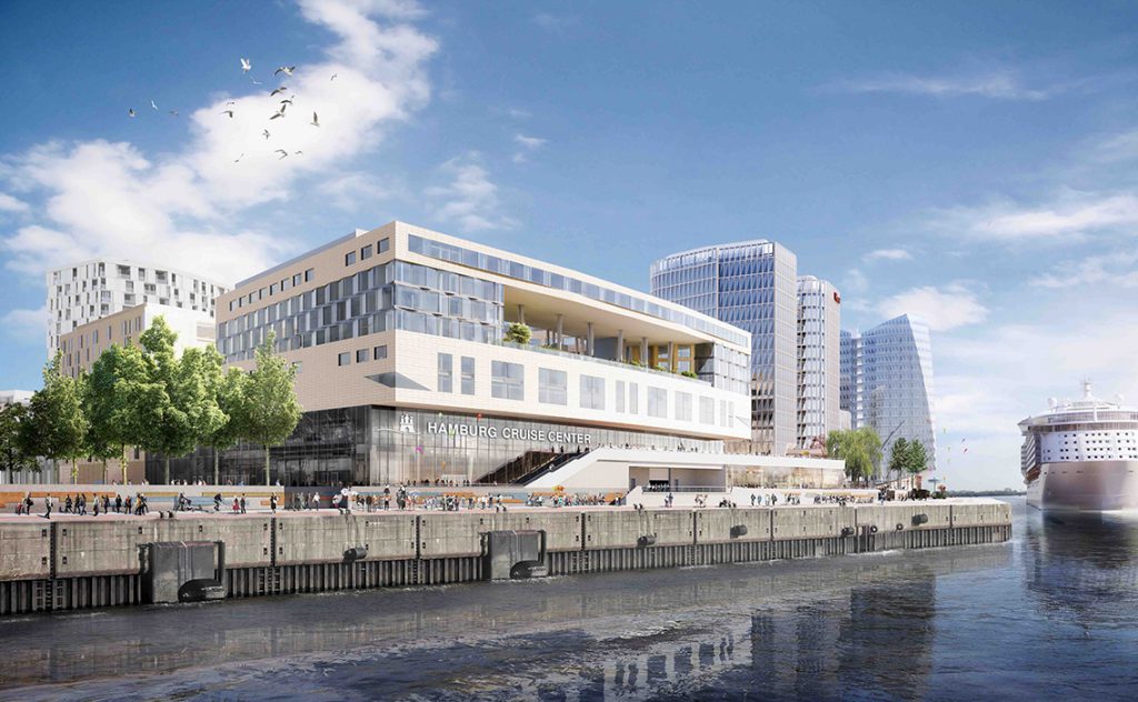 Außenansicht des HafenCity Hamburg Cruise Center mit dem geplanten Luxus-Design-Haus Pullman-Hotel im 3. OG. Das Premium-Haus wird über 250 Zimmer in dem vom französischen Architekten Christian de Portzamparc entworfenen Gebäude präsentieren. © URW