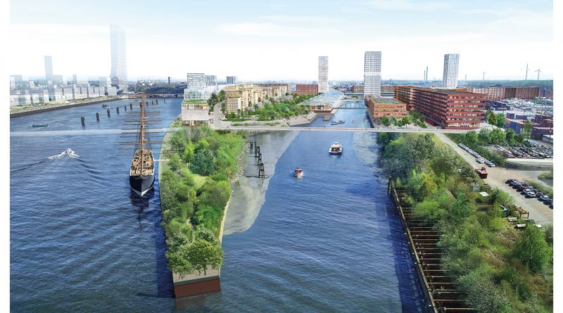 Visualisierung des neuen Stadtteils Grasbrook mit einem breiten Grüngürtel im Zentrum der Halbinsel und der vorgelagerten „Peking“ als Flaggschiff des neuen Deutschen Hafenmuseums. © HdM und Vogt