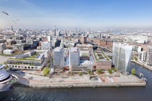 Kreuzfahrtterminal HafenCity und das südliche Überseequartier müssen mit der Eröffnung bis Herbst 2023 warten. Deutschland-Chef Andreas Hohlmann von Bauherr Unibail-Rodamco-Westfield: „Eine schrittweise Übergabe der Gebäude von Westfield Überseequartier-Hamburg wird an die Partner in der ersten Hälfte 2023 und eine Eröffnung in der zweiten Jahreshälfte stattfinden.“ © Moka-Studio+URW