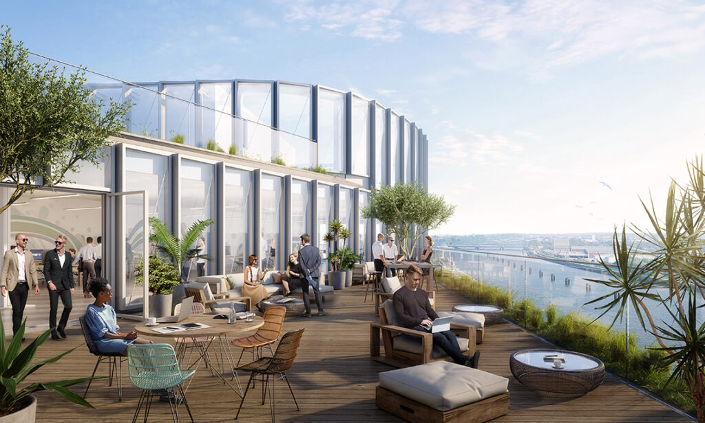 Die Skybar im Bürogebäude „Lee“ im Westfield Hamburg-Überseequartier im 13. Stock. © moka-studio / URW