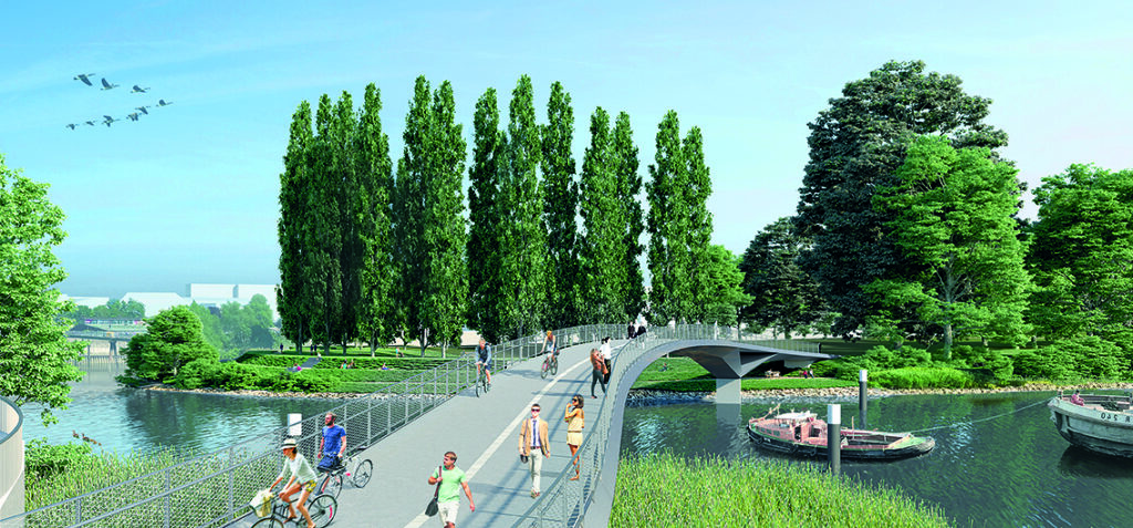Neue Nähe: Die Fahrrad- und Fußgängerbrücke wird künftig die HafenCity und Rothenburgsort direkt mit dem Entenwerder-Park verbinden.
© HafenCity Hamburg GmbH | SMP