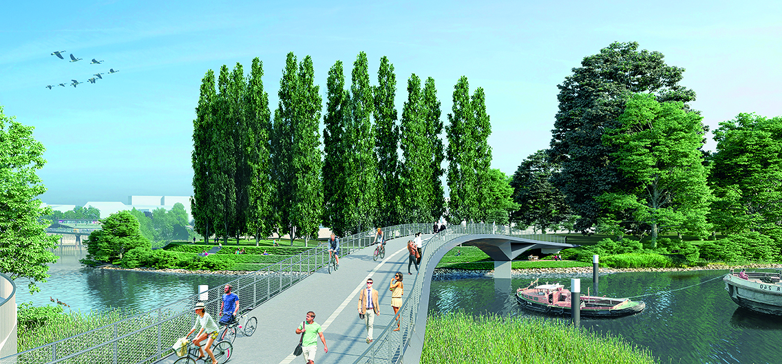 Neue Nähe: Die Fahrrad- und Fußgängerbrücke wird künftig die HafenCity und Rothenburgsort direkt mit dem Entenwerder-Park verbinden. © HafenCity Hamburg GmbH | SMP