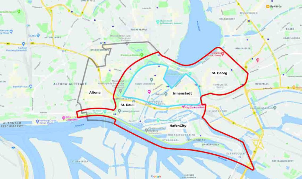 Ausblick: Neue Grenzen für eine neu definierte „Innere Stadt“ – inklusive HafenCity: 1. Neue Aufenthalts- und Angebotsqualitäten sollen in der klassischen Innenstadt (blaue Linie) entstehen. Plus: 2. Die Erweiterung um Wallanlagen, Hauptbahnhof, Teile der Alster und St. Georg sowie die gesamte HafenCity mit der Stadtküste® von der Elbmeile bis zu den Elbbrücken (rote Linie). © HCZ | Grafik: Tobias Hahn | Quelle: Google