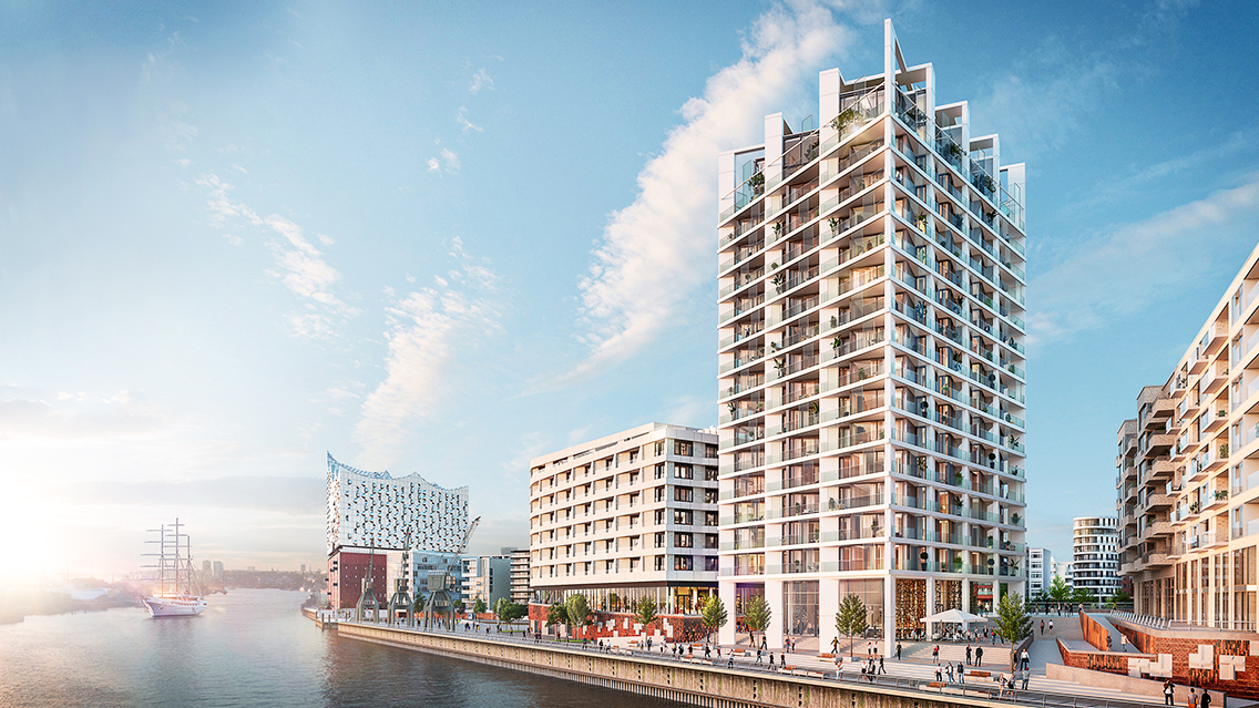 Die markante Uferpromenade vorm 60 Meter hohen Luxuswohnturm „The Crown Strandkai“ mit 75 Eigentumswohnungen zieht sich entlang des Elbufers über das südliche Überseequartier und den Baakenhafen bis zu den Elbbrücken im Osten der HafenCity.
© DC Developments