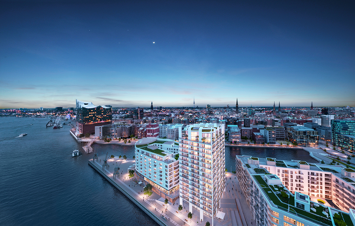Die Elbsilhouette des Strandkais mit Elbphilharmonie, Fähranleger Elbphilharmonie mit Grasbrook-Hafen-Einfahrt, dem freien Mietwohngebäude an der Strandkaispitze, der Luxuswohnturm „The Crown Strandkai“ und eine Wohnanlage mit drei Genossenschaftswohnungen (v.l.n.r.). © DC Developments