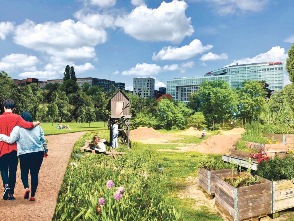 Für Autor Frank Engelbrecht können die bisherigen geplanten und ungeplanten Zwischennutzungen im Lohsepark zum Mut für neue Stadtideen motivieren: Auf dieser Fläche haben sich das Spiel der Kinder, das Engagement mit der Natur, die Wildnis eingetragen – also eine Kombination aus Engagement, Teilhabe, Natur und Erlebnispark für Kinder und Jugendliche.© Visualisierung: Netzwerk HafenCity e.V.