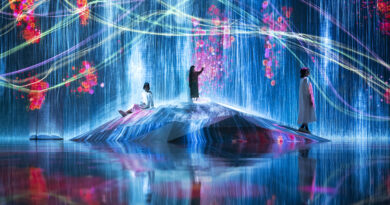 Virtuelles Abheben: „Main motif Universe of Water Particles on a Rock where People Gather“ – Hauptmotiv. Universum der Wasserteilchen auf einem Felsen, auf dem sich Menschen versammeln. © TeamLab