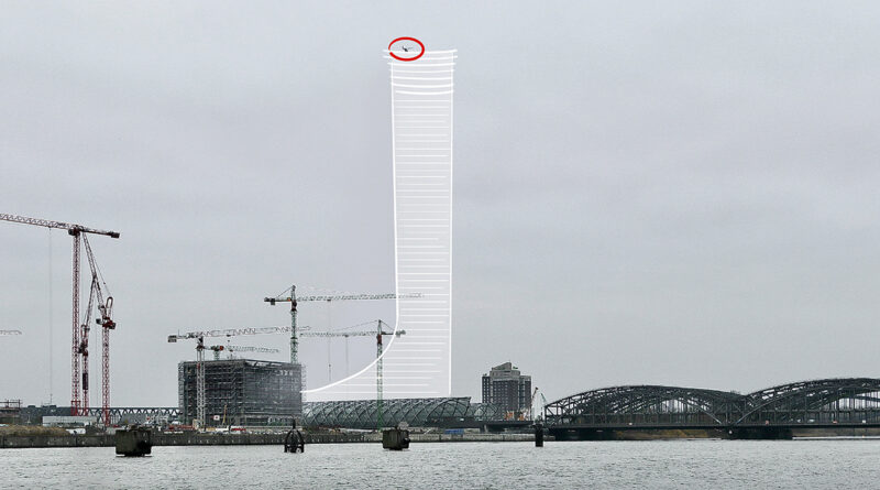 Visualisierung I: Geplanter Elbtower vom Kleinen Grasbrook aus gesehen mit Hubschrauber auf 245 m Höhe. © Privat