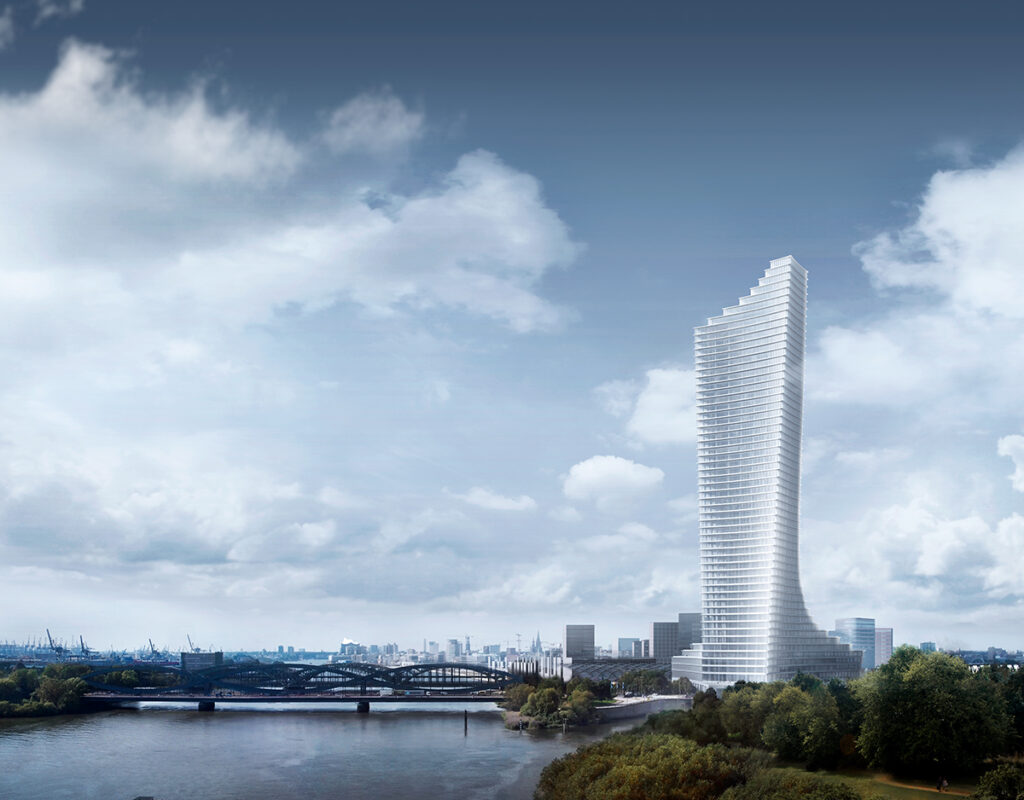 Der umstrittene 245 Meter hohe Elbtower an Hamburgs Stadteingang Elbbrücken soll 2025 eröffnet werden. © SIGNA
