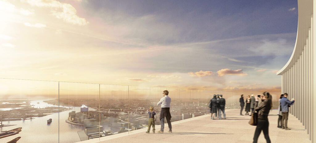 Im 55. Stockwerk des „Elbtowers“ ist auf Beschluss der Hamburgischen Bürgerschaft eine Aussichtsfläche wie die Plaza auf der Elbphilharmonie für Jeder-Mann und -Frau geplant. © Signa