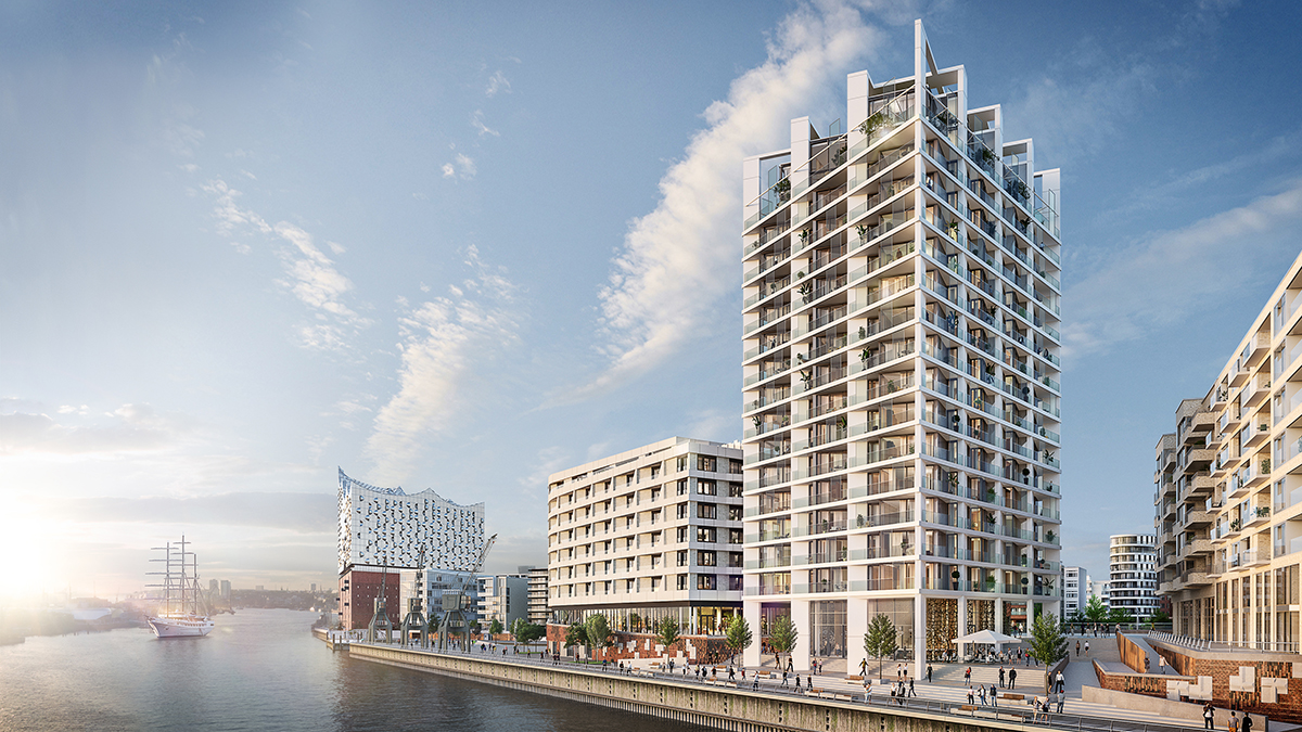 Der Luxuswohnturm „The Crown“ auf dem Strandkai in direkter Wasserlage zur Elbe und an 6. OG mit Blick auf die Elbphilharmonie. © DC Decelopments