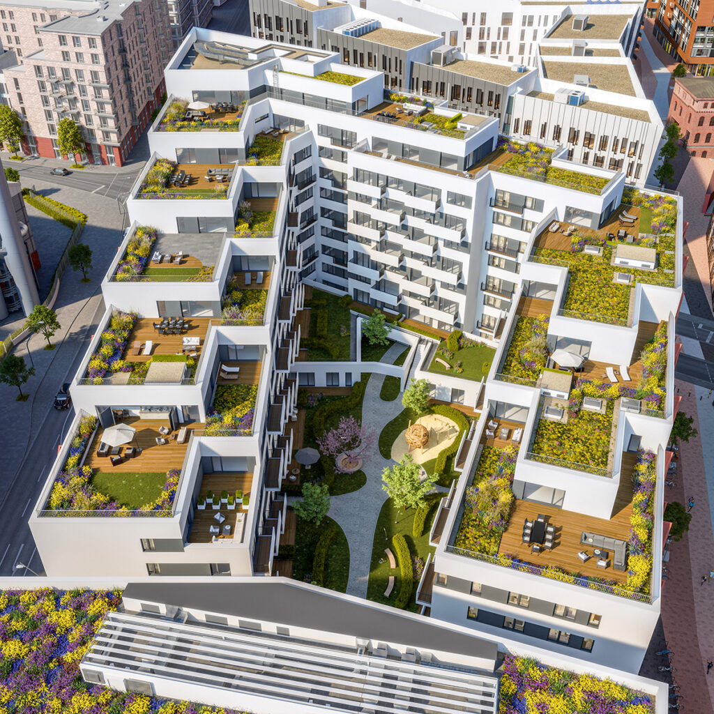 Aufsicht auf die 11 Rooftop-Penthouses des elfstöckigen Wohnprojekts „Eleven Decks“, die wie Schiffsdecks zur Elbe hin terrrassenförmig „abtreppen“ – mit Wohnnungsgrößen bis zu 200 Quadratmetern. Insgesamt gibt es in diesem Wohnprojekt 306 Wohnungen, davon insgesamt 18 Penthouse-Objekte und 224 Ein- und Zweizimmer-Apartsements. Bei rund 21.000 qm Wohnfläche bietet „Eleven Decks“ 3.500 qm biodiverse Grünflächen aus vielfältigem Flachdach bzw. Terrassen- und Innenhof-Begrünung. © DC Developments