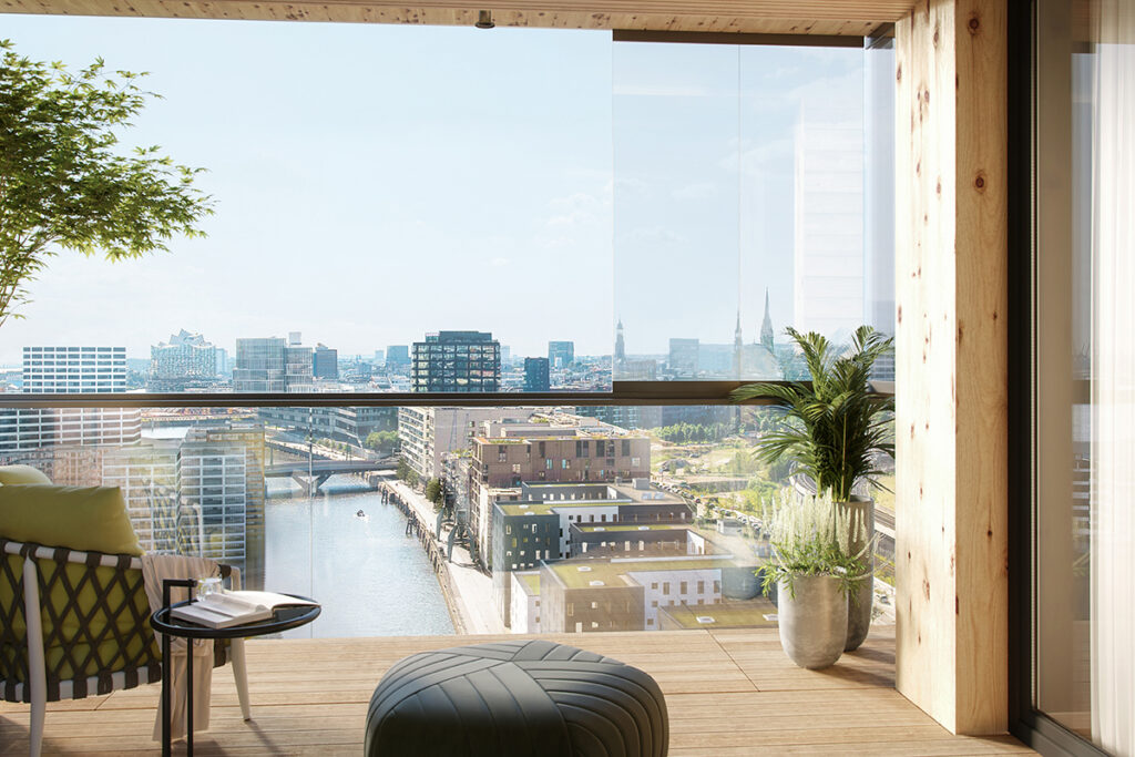Traumhafter Blick die Elbe hinunter aus einem Livingroom im Holzlook im „roots“Holz-Hochhaus im Baakenhafen. © Garbe Immobilien Projekte